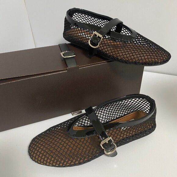 Black and Silver Flats with Mesh Design and Ankle Strap